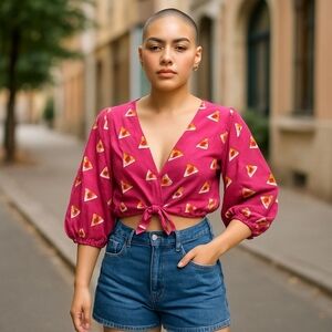 Color Me Courtney x RTR Watermelon Wrap Top S Puff Sleeve Pink Fruit Print